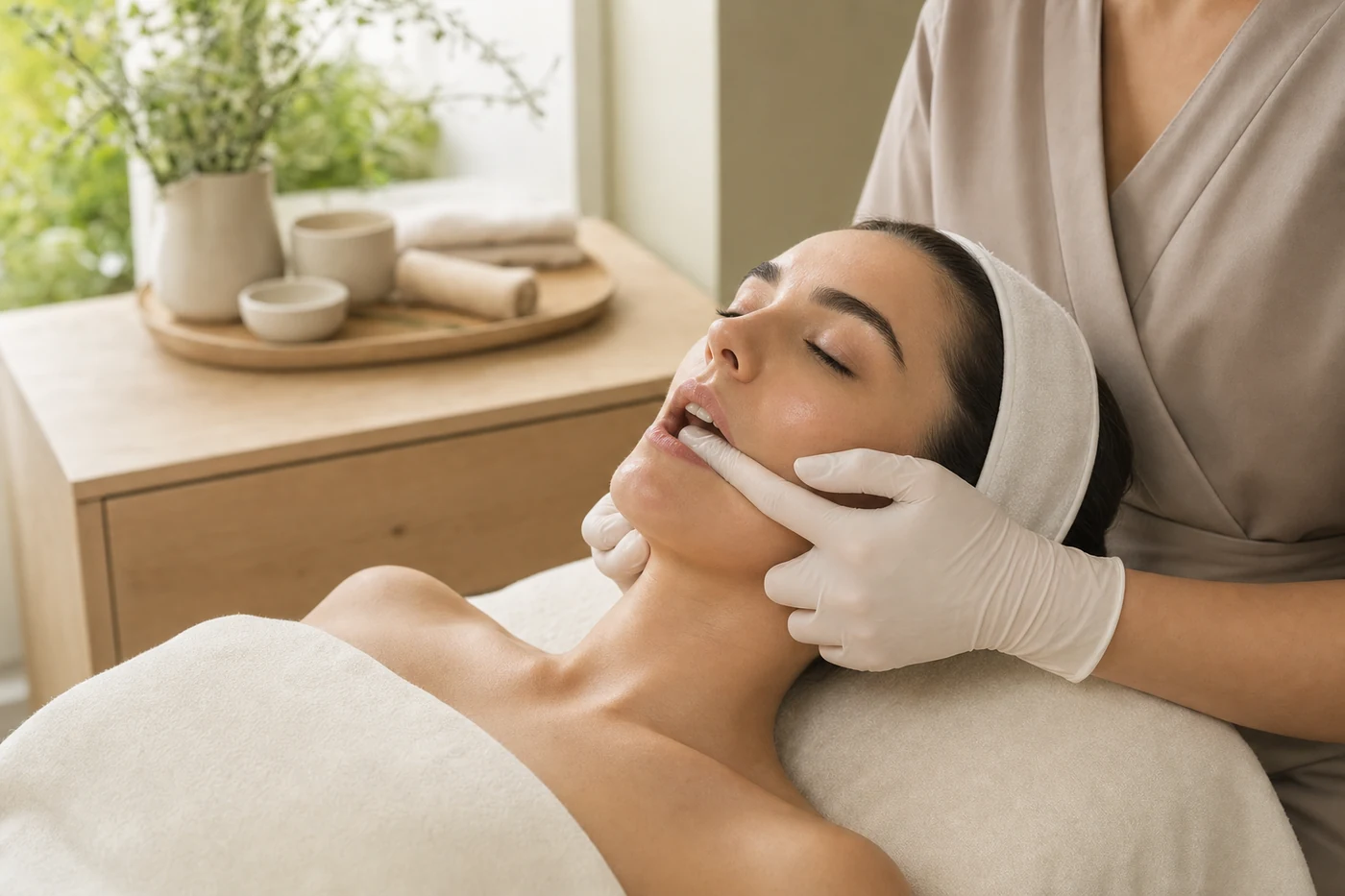 Esthetician performing a hygienic gloved Buccal Massage with inside-and-outside cheek support