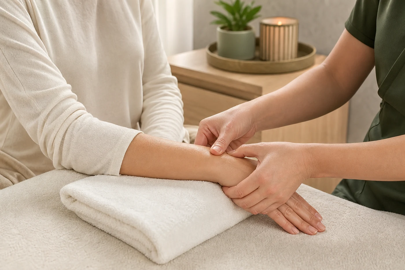 Esthetician continuing focused hand and forearm work during a Refresh Massage treatment