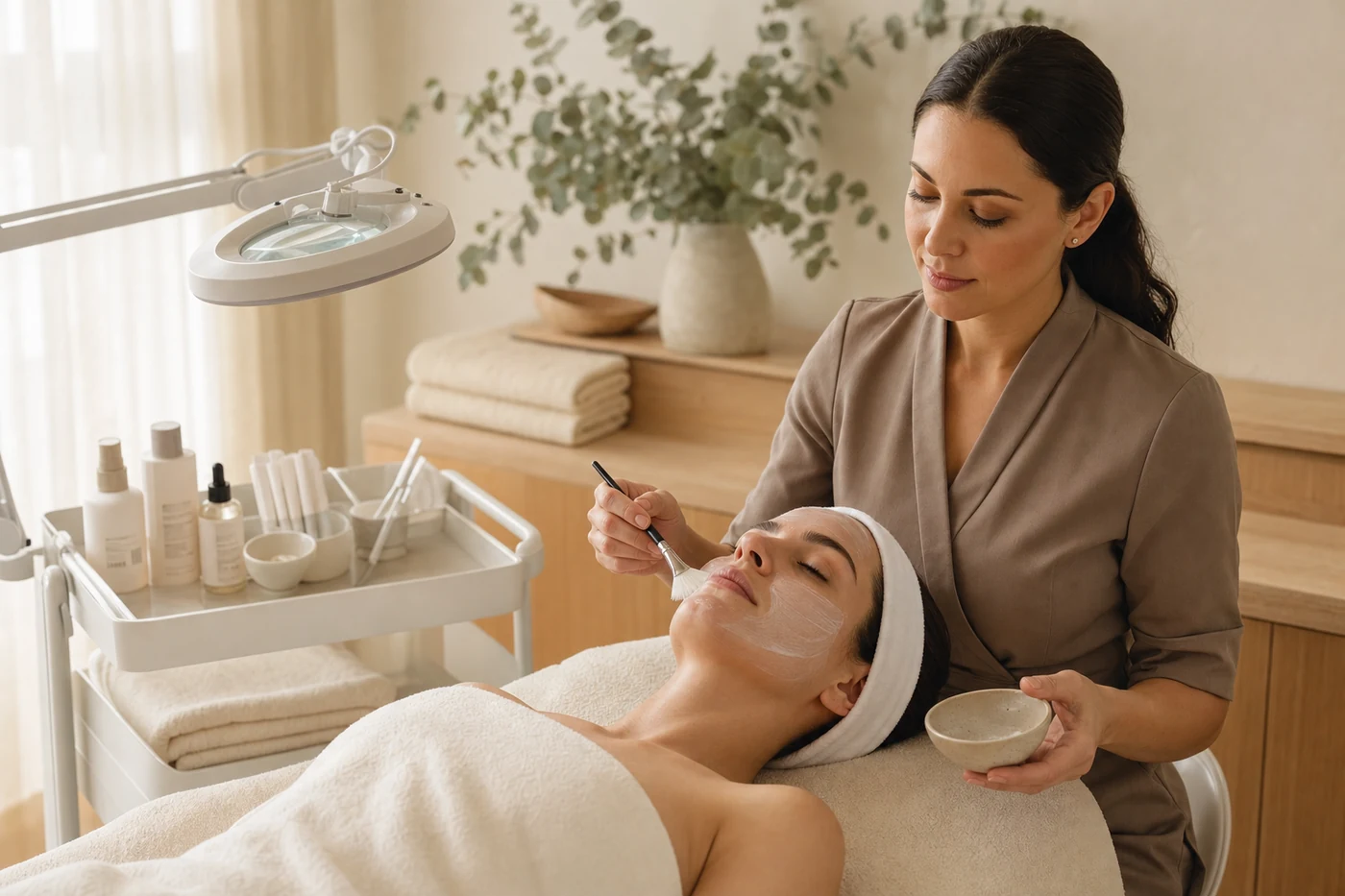 Esthetician applying a hydrating mask during a Signature Facial treatment